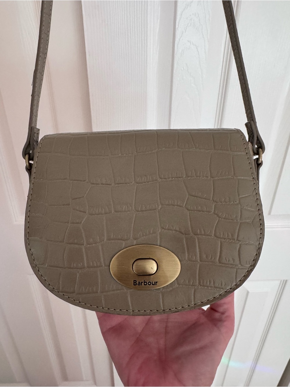 Barbour Eilein Taupe Croc-Embossed Leather Saddlebag with Brass Toggle Clasp